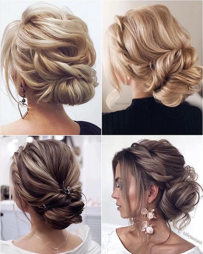 four side by side photos, brown and blonde long hairs, in low updos, easy to do hairstyles