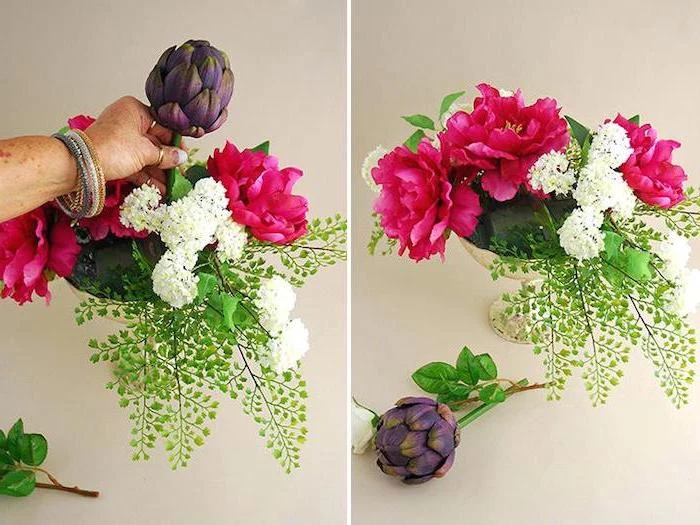 kitchen table centerpieces, small vase, being filled with flowers, colourful flower bouquet, side by side pictures