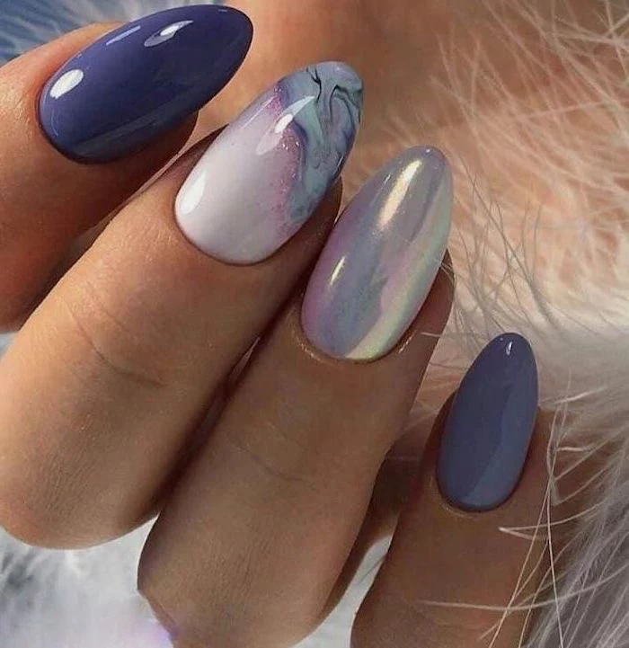 blue nail polish, white metallic nail polish, trending nail colors, marble white and blue nail, nail designs for long nails