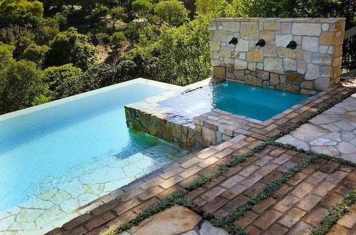 small swimming pool, with small fountains, small backyard patio ideas, brick tiles on the floor