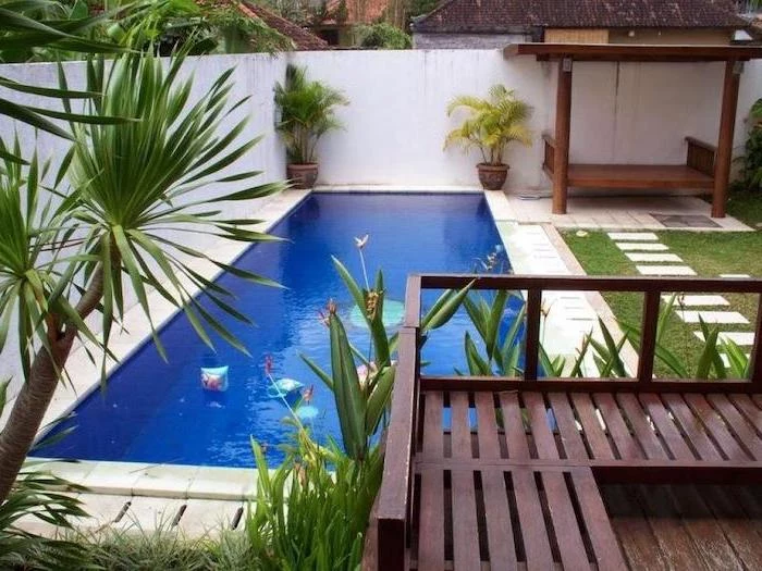 small swimming pool, potted palm trees, ceramic tiles over a grass patch, small yard landscaping, planted palm trees