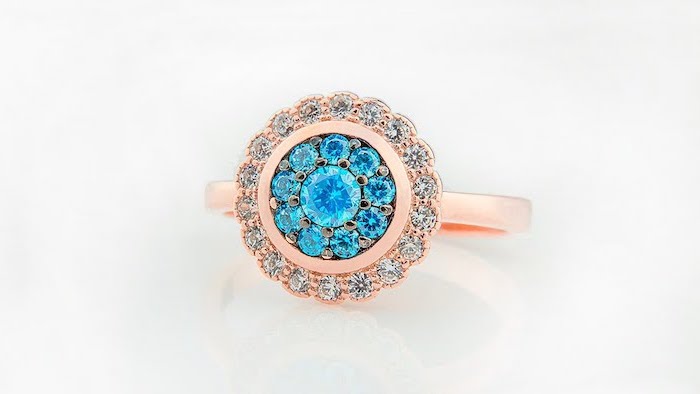 sapphires and diamonds in a flower shape, unique wedding rings for women, rose gold band