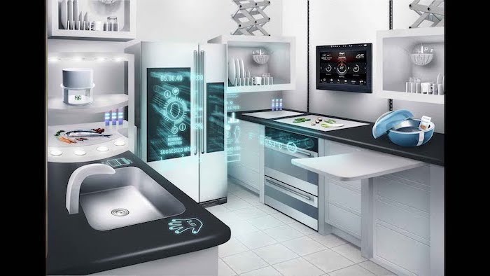 smart kitchen appliances, white cupboards and drawers, black counter tops, white tiled floor
