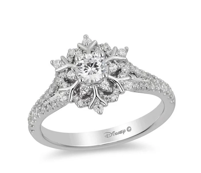 diamond studded band, engagement rings for women, elsa disney princess inspired ring, snowflake shaped diamond