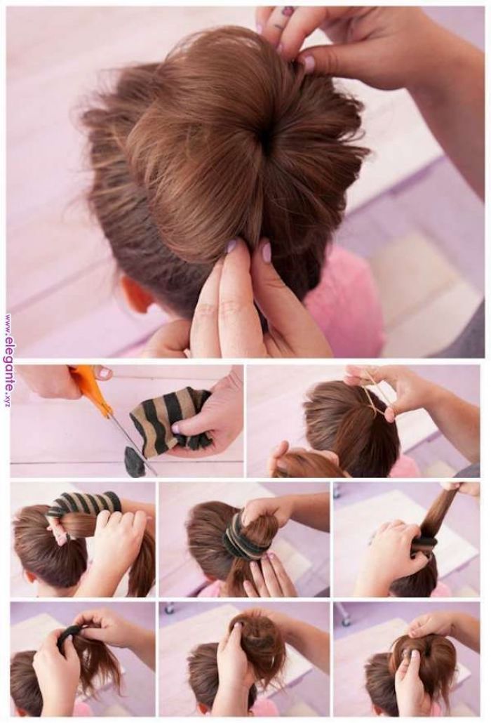 pink background, easy braid hairstyles, messy bun, done with a sock, long brown hair