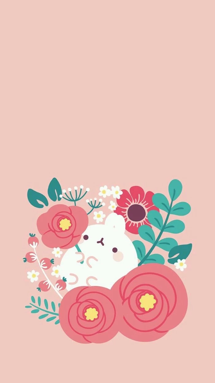 orange background, phone wallpaper, bunny holding flowers drawing, pictures of spring