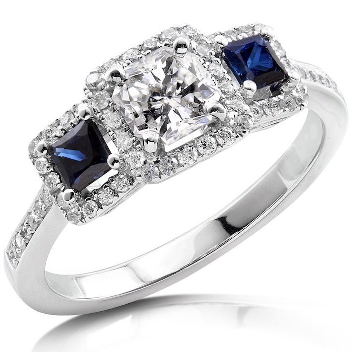 square cut diamond, small square cut sapphires, unique wedding rings for women, white background