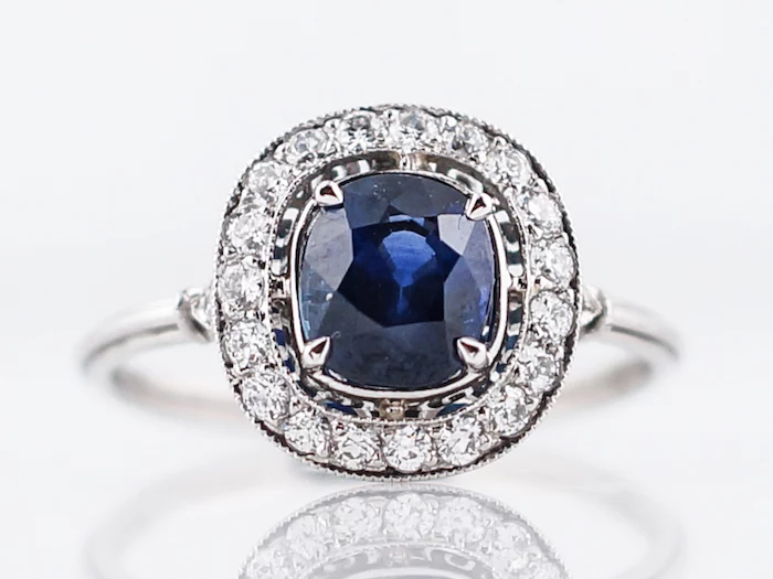 diamond band engagement rings, square cut sapphire in the middle, white gold band