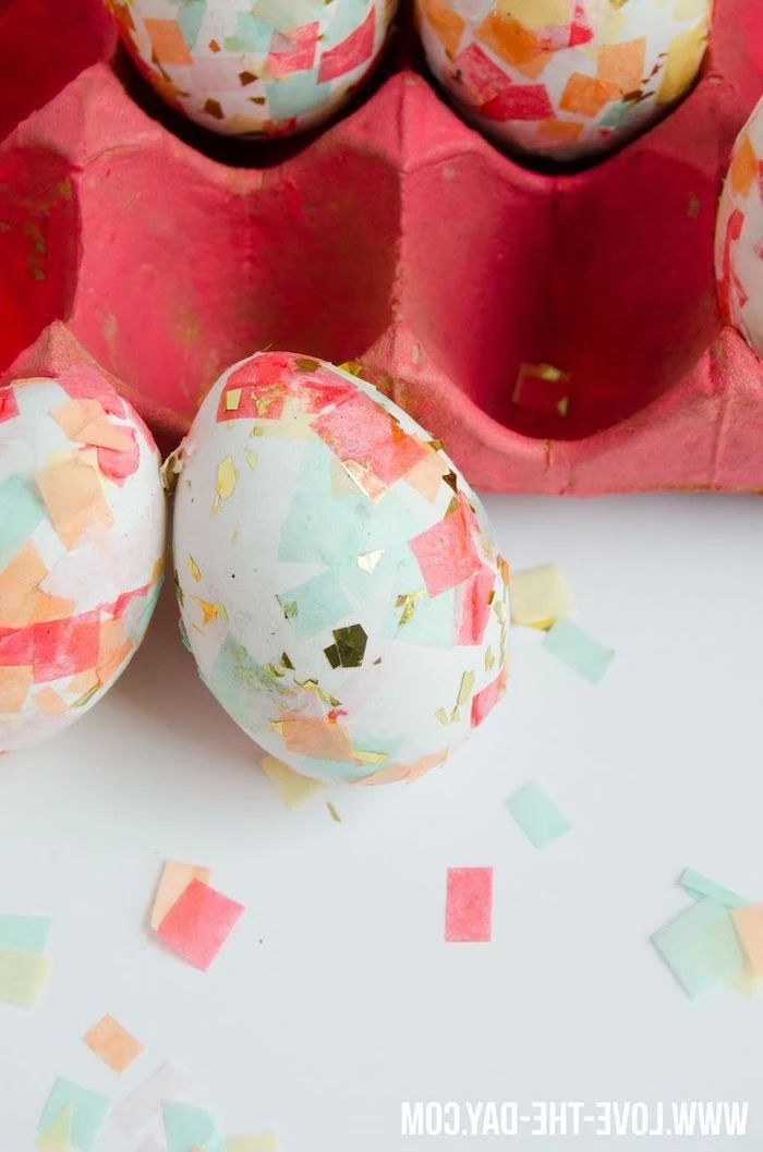 how to dye easter eggs, pink egg carton, diy tutorial, confetti eggs, white countertop, white eggs