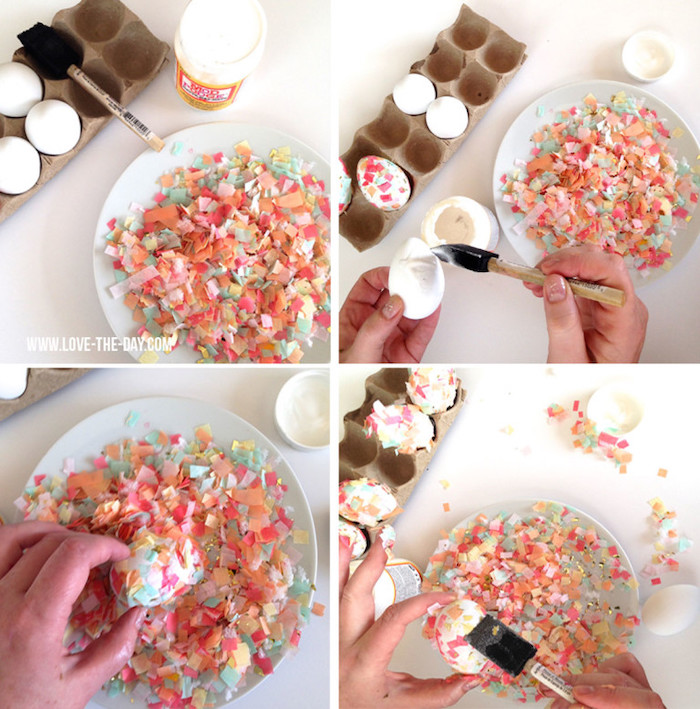 step by step, diy tutorial, confetti eggs, bowl full of confetti, dying eggs with food coloring