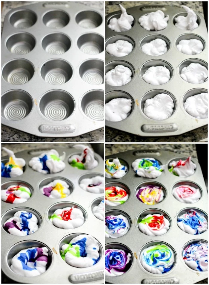 step by step, diy tutorial, muffin baking tray, full of shaving cream, easter egg decorating, colourful dye