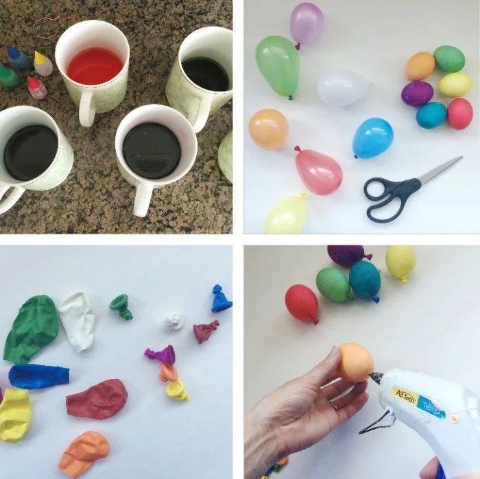 coloring easter eggs, cups of dye, colourful balloons, glue gun, dyed eggs, step by step, diy tutorial