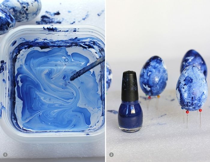 step by step, diy tutorial, blue marble eggs, easter egg ideas, blue nail polish, in water, white styrofoam