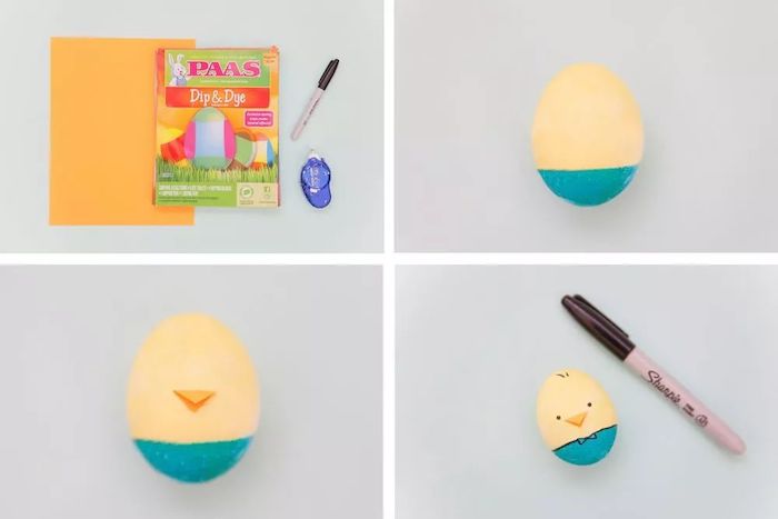 step by step, diy tutorial, chicken shaped eggs, how to dye easter eggs, blue and yellow dye, black sharpie