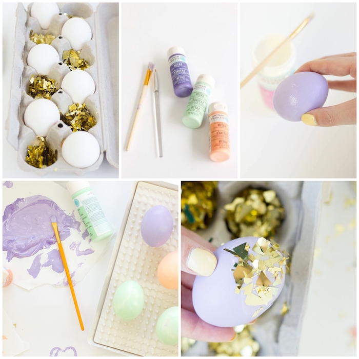 step by step, diy tutorial, confetti eggs, paint and brushes, eggs in an egg carton, gold confetti