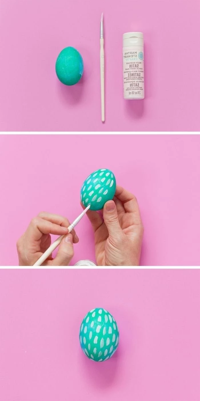 step by step, diy tutorial, paint brush strokes eggs. turquoise egg, how to dye ester eggs, pink background