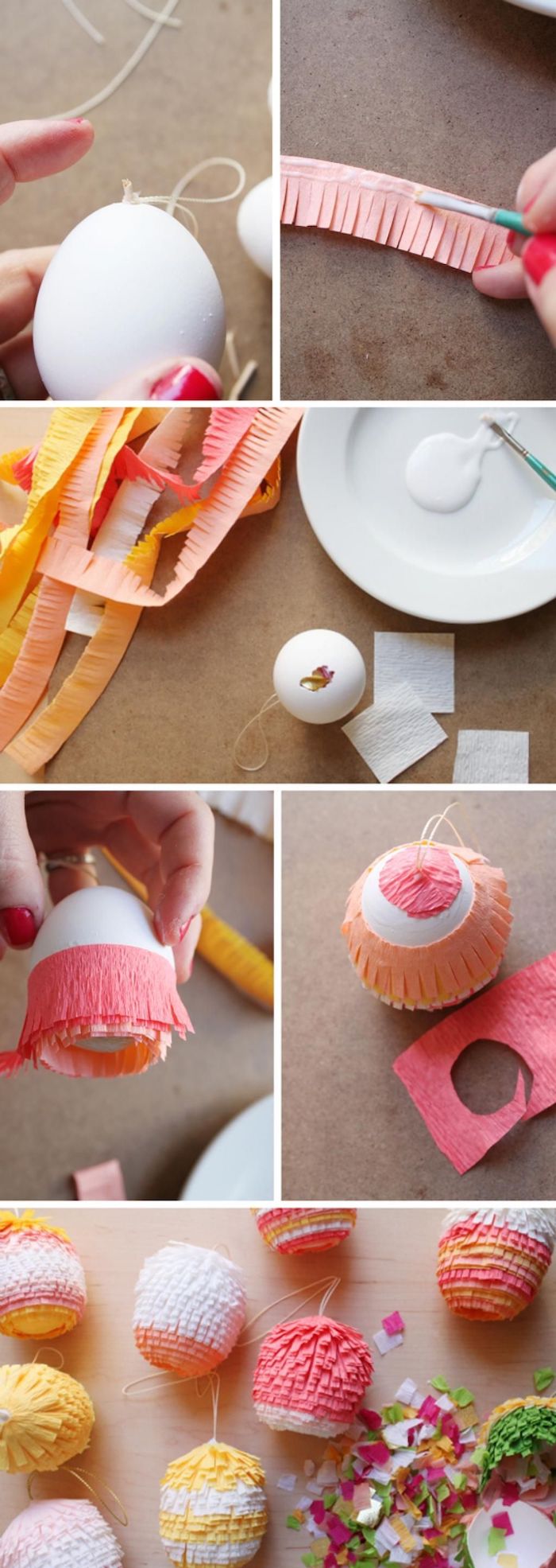 step by step, diy tutorial, pinata eggs, shaving cream easter eggs, orange and pink paper, white egg shells