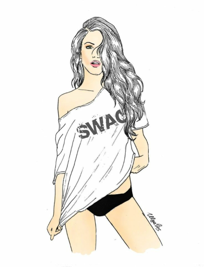 how to draw a girl step by step, white blouse, black underwear, long wavy hair, white background