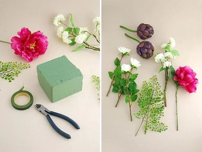 diy tutorial, step by step, colourful flowers, on a white countertop, kitchen table centerpieces