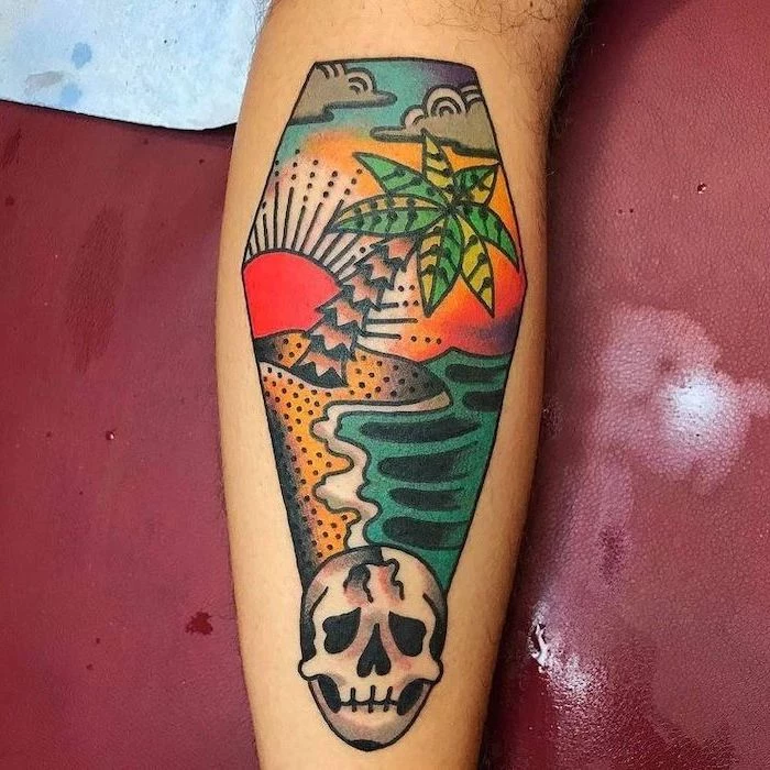 coffin shaped, colourful leg tattoo, island landscape and skull, upper arm tattoos, red background