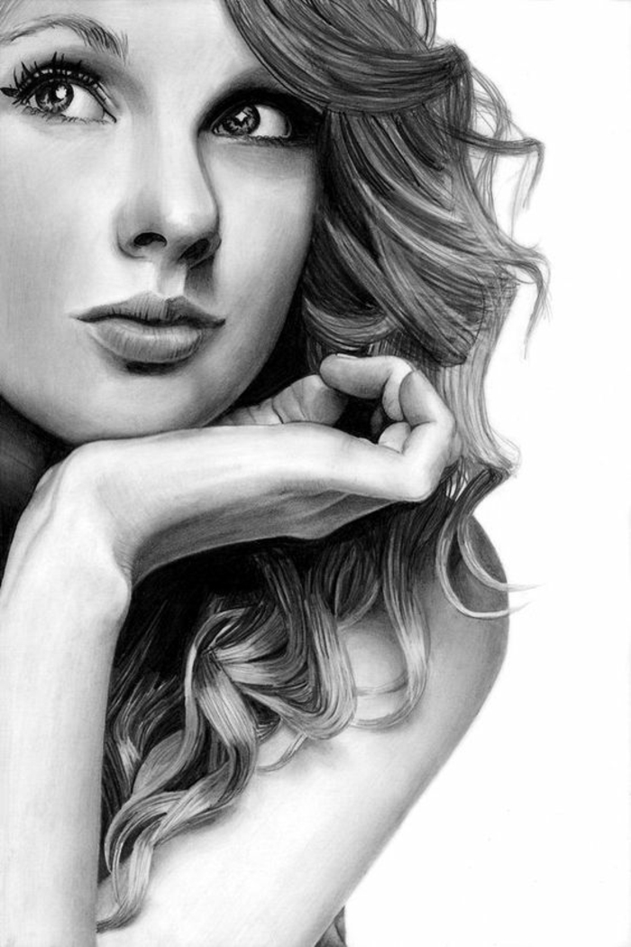 taylor swift inspired drawing, how to draw a girl step by step, black and white sketch
