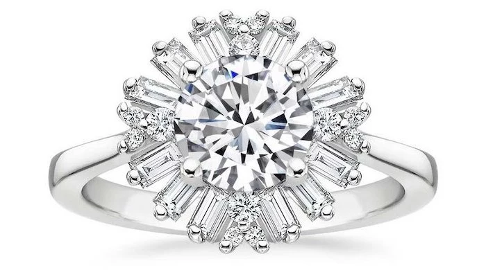 sun shaped diamonds, large round diamond in the middle, diamond band engagement rings