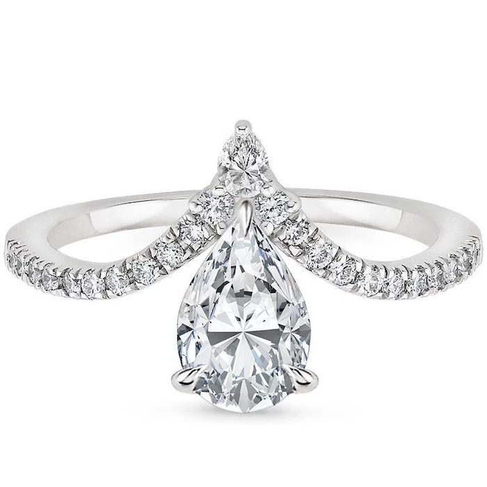 diamond band engagement rings, teardrop shaped diamond, diamond studded band