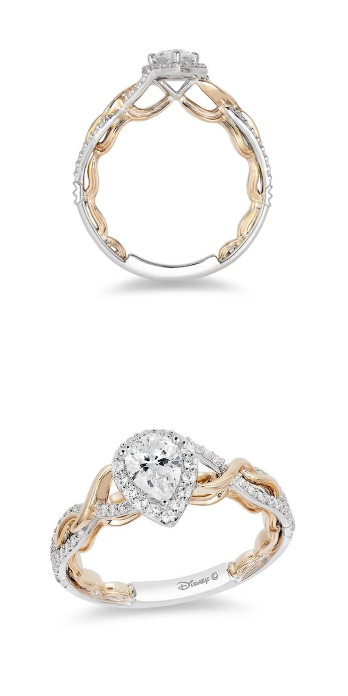 gold and white gold mix, engagement rings for women, rapunzel disney princess inspired ring