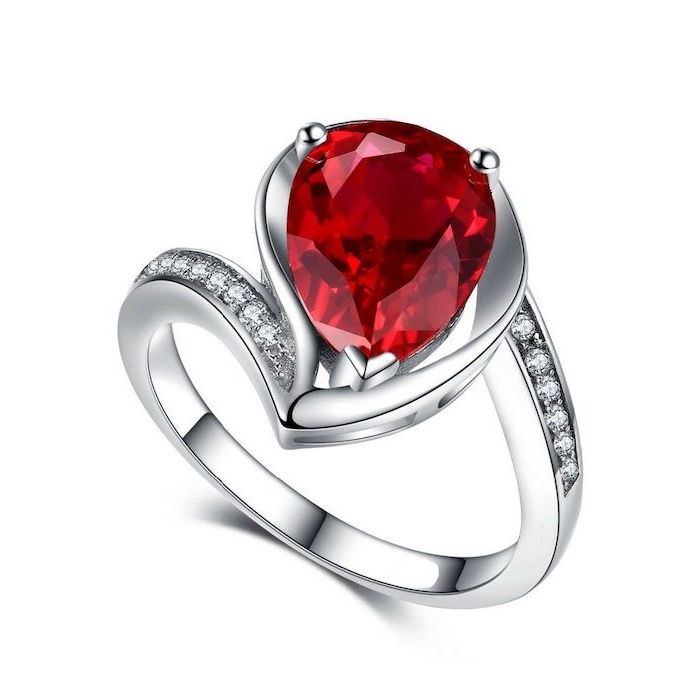 teardrop shaped ruby, diamond studded white gold band, diamond band engagement rings