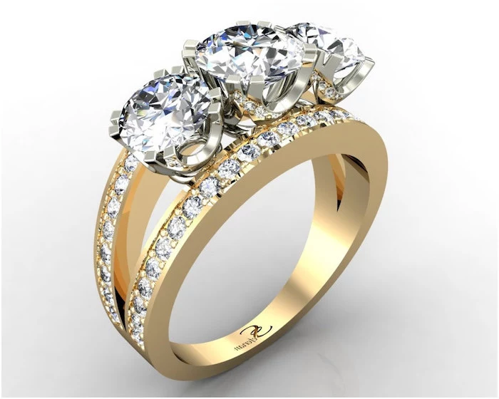 three round diamonds, diamond band engagement rings, golden diamond studded band