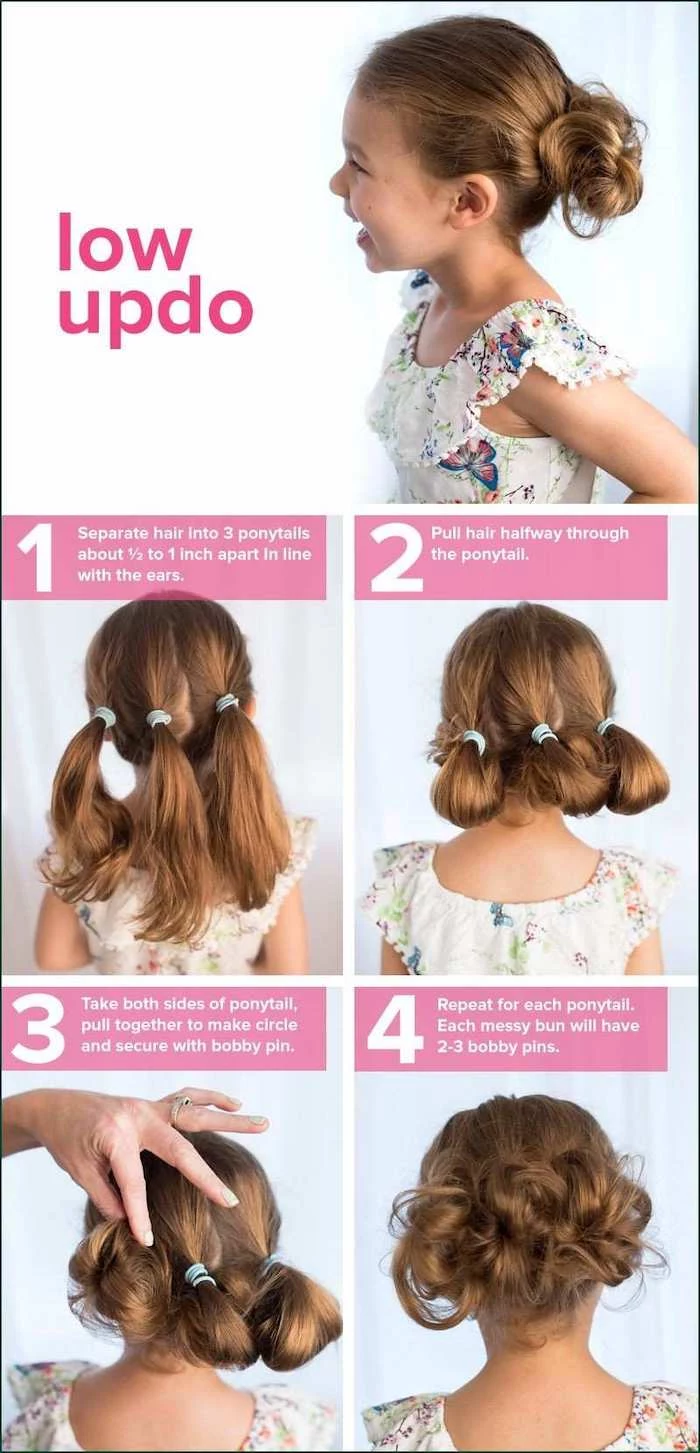 floral top, easy braid hairstyles, three low ponytails, tied in buns, white background