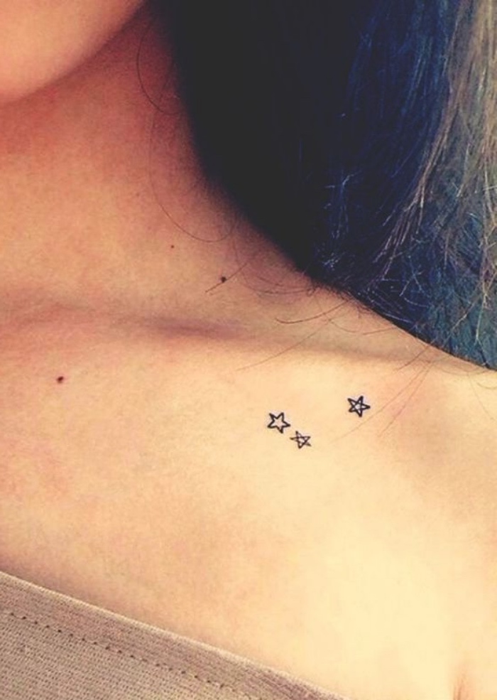 three small stars collarbone tattoo, small tattoo ideas for women, woman with black hair