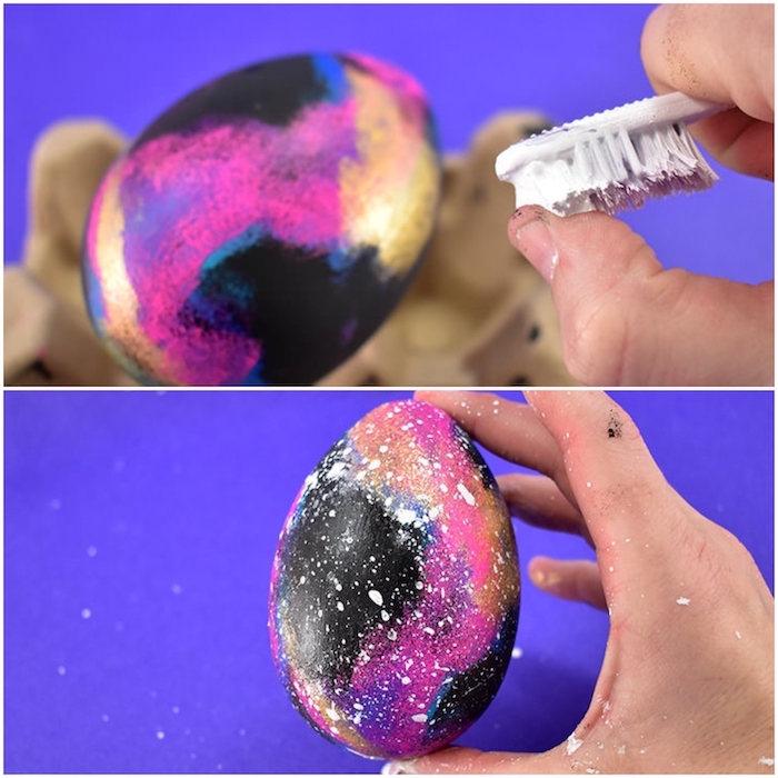galaxy coloured egg, spraying white paint, with a toothbrush, how to dye eggs, step by step, diy tutorial