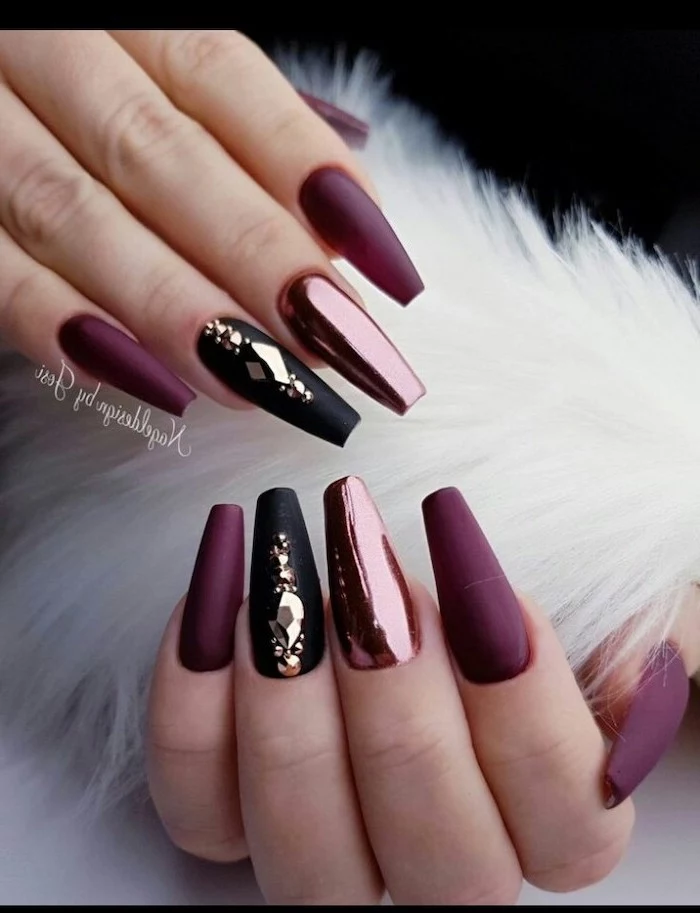 burgundy matte nail polish, trending nail colors, black matte nails with rhinestones, long coffin nails