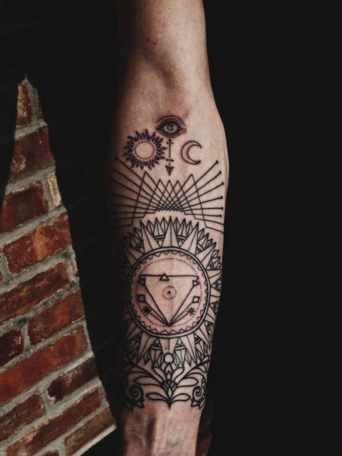 geometrical design, upper arm tattoos, forearm tattoo, black background, brick wall
