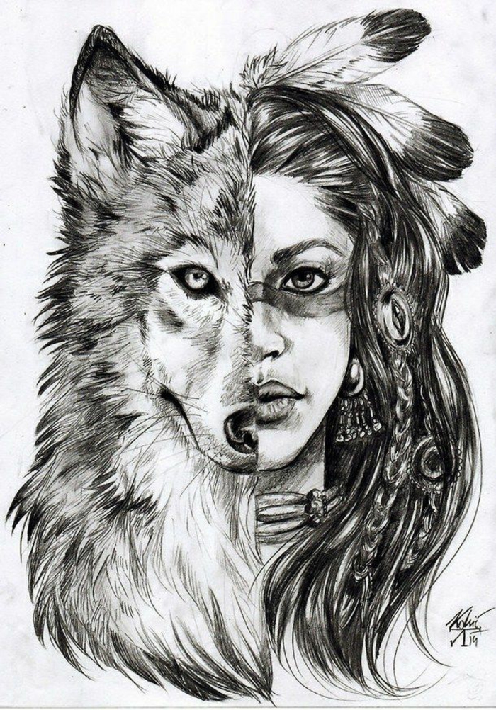 indian tribes inspired drawing, how to draw a girl step by step, half wolf, half woman, wearing feathers