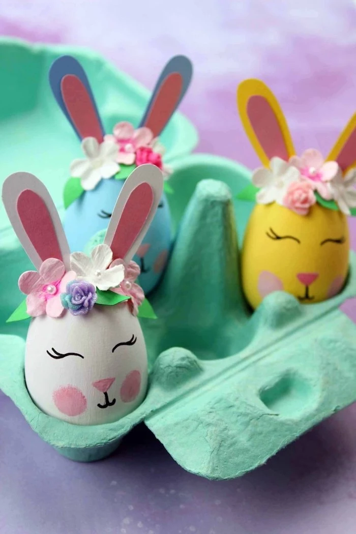 bunny eggs, diy tutorial, dyed eggs, with ears and flower crowns, dying eggs with shaving cream