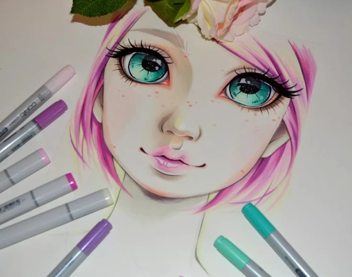 large turquoise eyes, drawing of a girl's face, pink hair and lips, how to draw a girl step by step