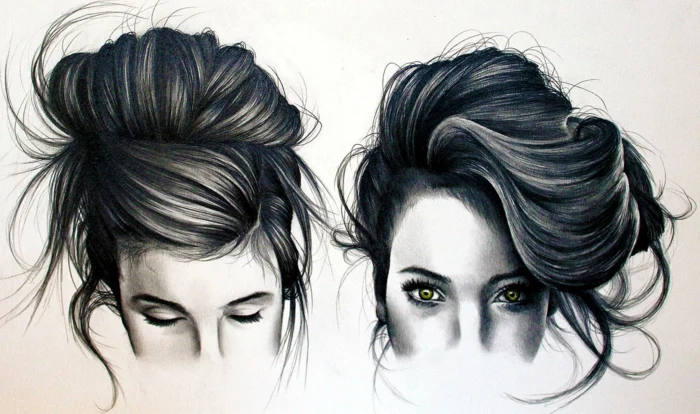 black and white drawings of girls, side by side drawings, girl with a messy bun, green eyes