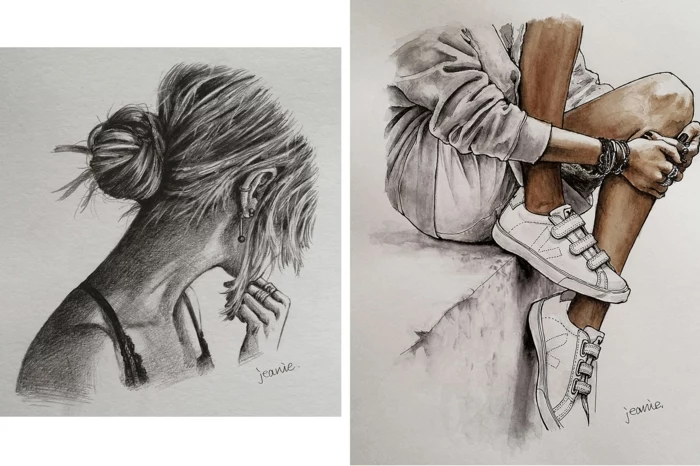 side by side drawings, hair in a bun, girl with white sneakers, black and white drawings of girls