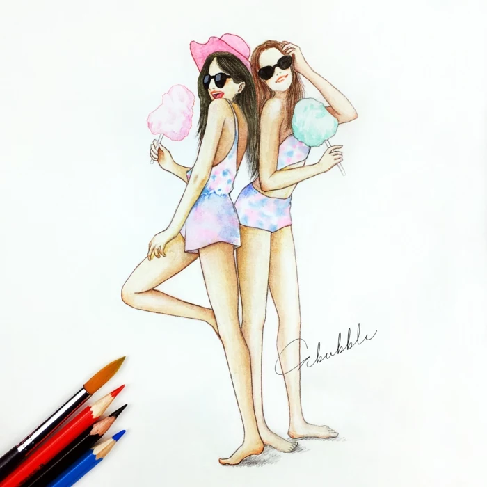 drawing of two girls, black and white drawings of girls, holding cotton candies, wearing colourful onesies