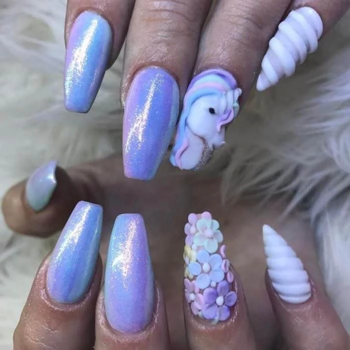 unicorn manicure, purple chrome nail polish, 3d manicure, manicure ideas, long coffin nails