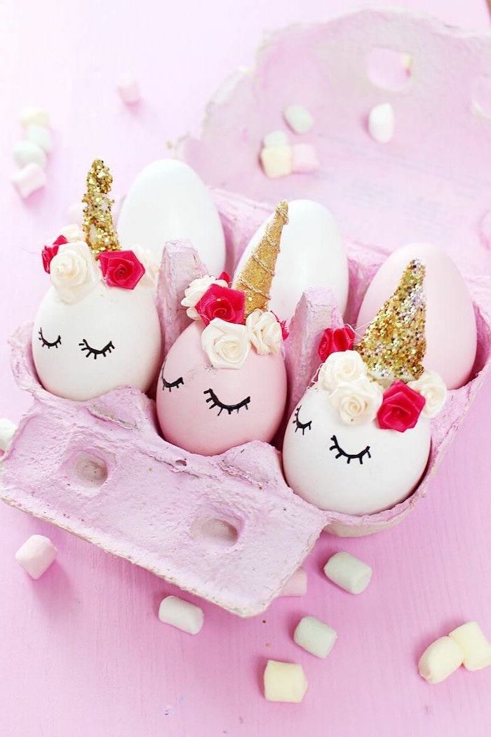 pink egg carton, unicorn eggs inside, how to decorate easter eggs, gold horns, floral crowns, glued on eggs