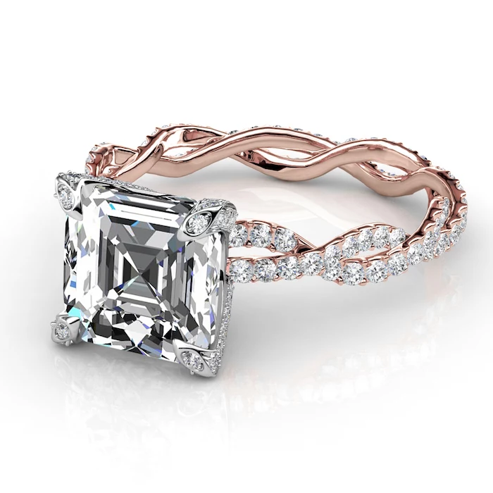 square cut large diamond, square cut engagement rings, diamond studded rose gold band