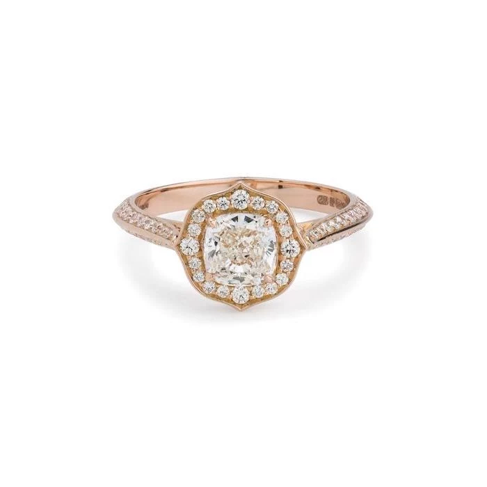 square diamond engagement rings, rose gold diamond studded band, large square cut diamond