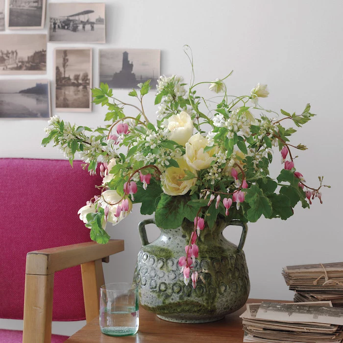 large vintage vase, pink and white flowers, small flower bouquet, flower arrangement pictures, on a wooden table