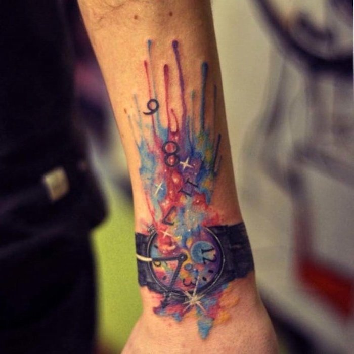 watch with exploding numbers, watercolour wrist tattoo, blurred background, simple tattoos for men