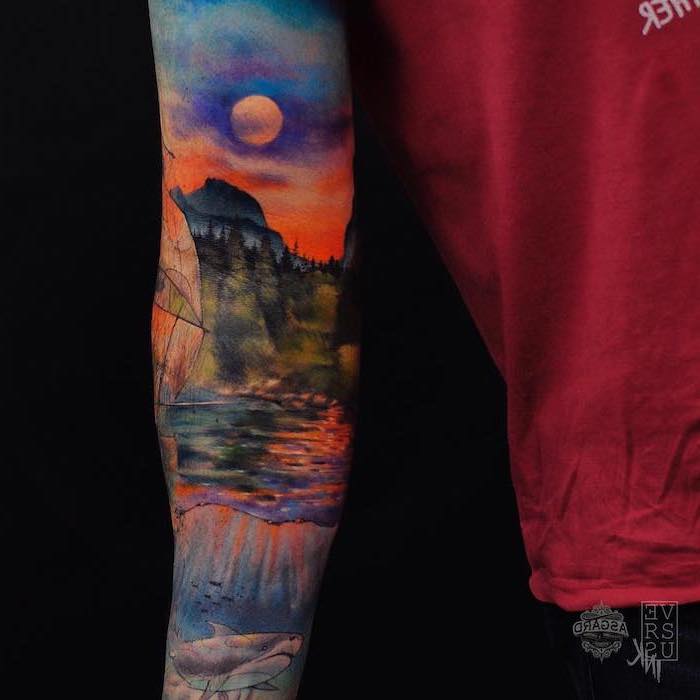 island landscape, watercolour arm sleeve tattoo, small meaningful tattoos, black background, red shirt