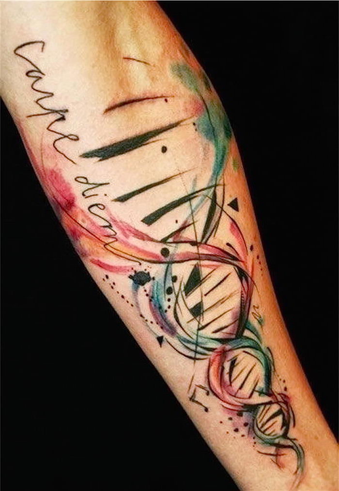 watercolour tattoo, carpe diem, dna strand, forearm tattoo, in front of a black background, meaningful tattoos