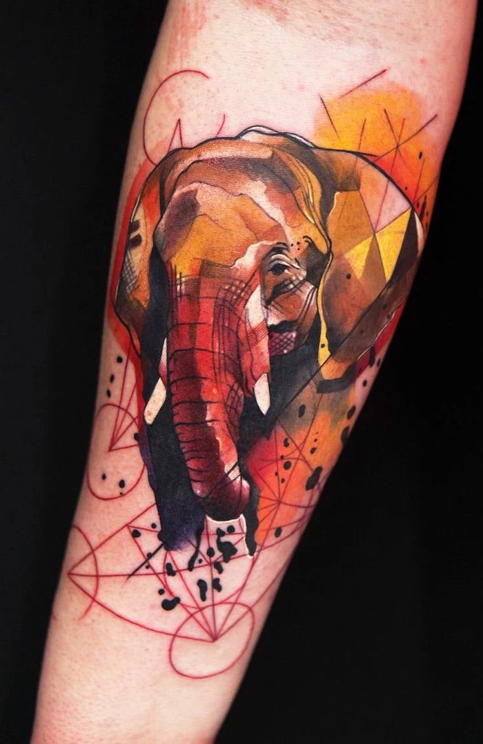 elephant head, watercolour forearm tattoo, small meaningful tattoos, black background
